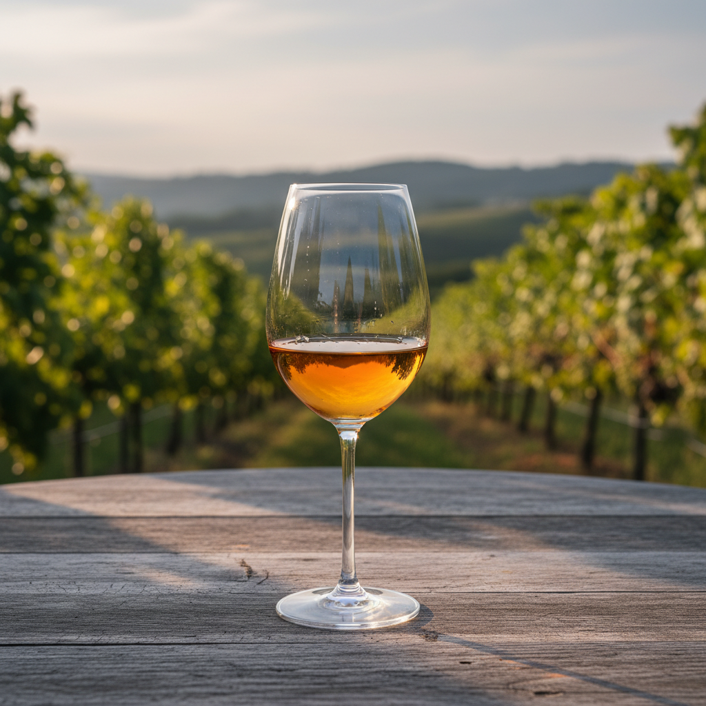 Taça de vinho natural com coloração âmbar sobre mesa de madeira rústica, com vinhedo orgânico ao fundo sob luz solar difusa.