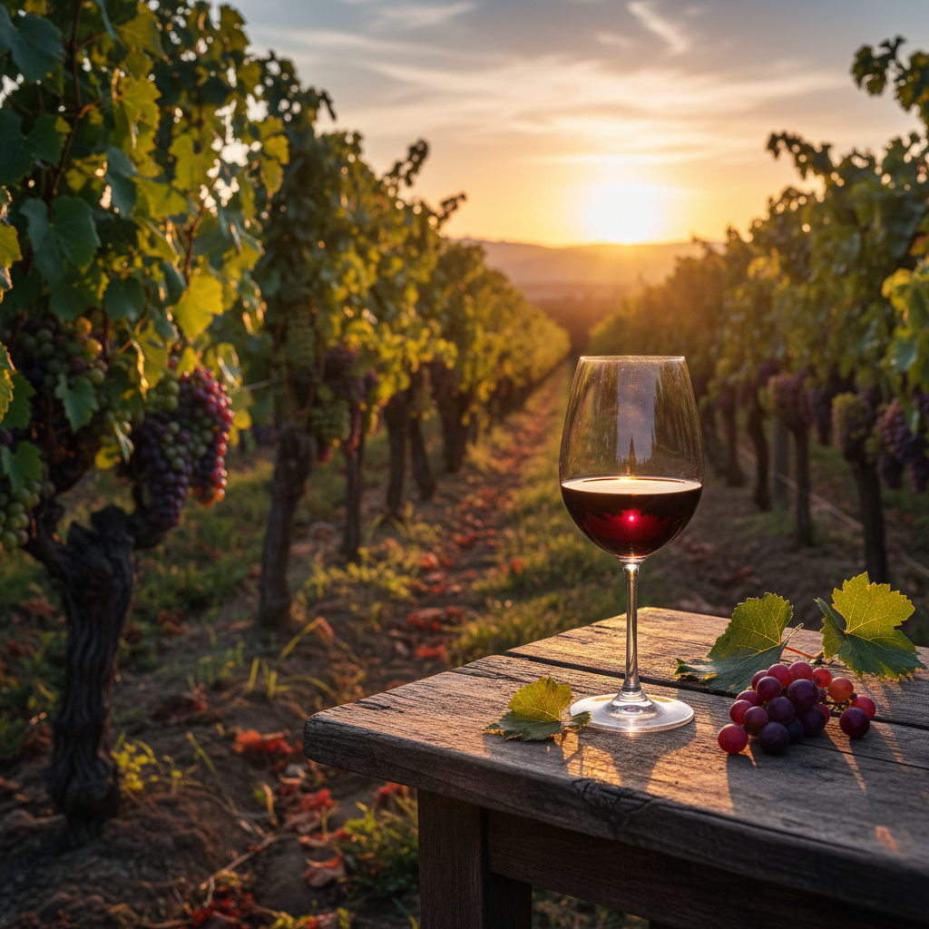 Taça de vinho tinto sobre mesa de madeira rústica em vinhedo ensolarado ao pôr do sol, transmitindo autenticidade e beleza natural.