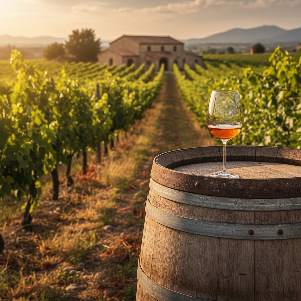 Vinhedo orgânico ao pôr do sol com barril de madeira e taça de vinho natural, simbolizando a produção com mínima intervenção.