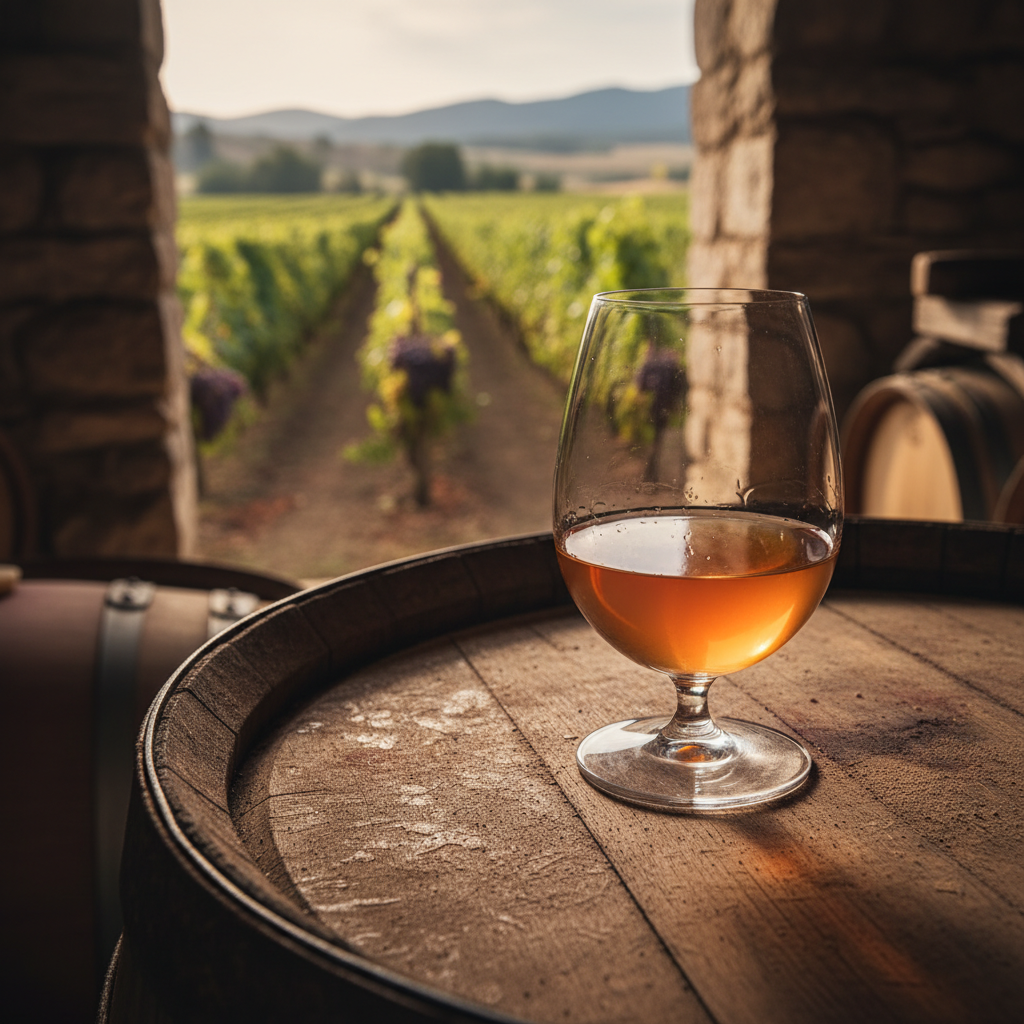 Taça de vinho natural levemente turvo sobre barril de madeira em adega rústica, com vinhedo orgânico ao fundo.