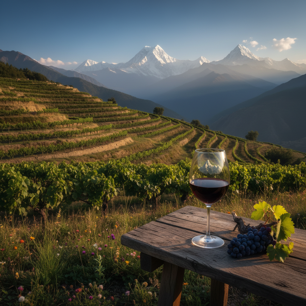 Vinhedo em socalcos nas montanhas do Himalaia, com um copo de vinho tinto sobre uma mesa de madeira, ao fundo picos nevados e céu azul.