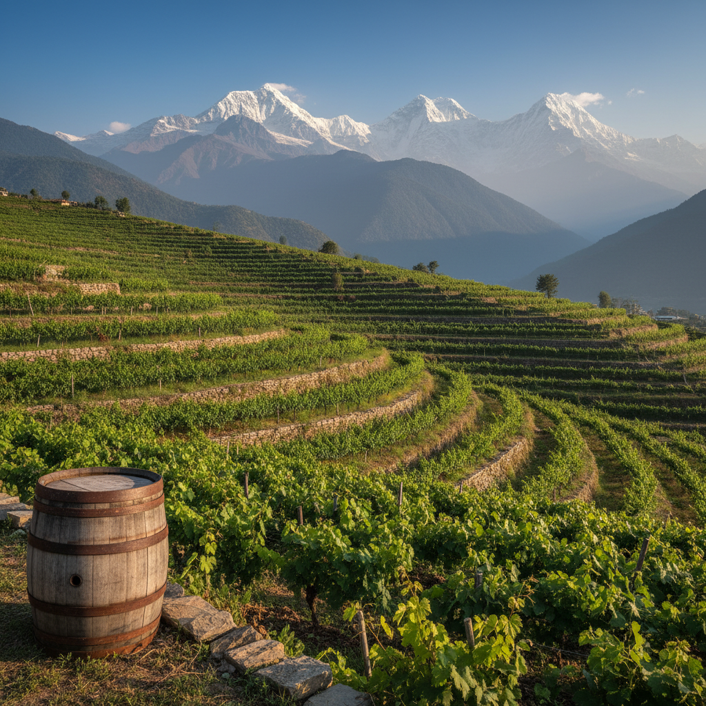 Vinhedo em socalcos nos Himalaias do Nepal com montanhas nevadas ao fundo e um barril de vinho rústico.