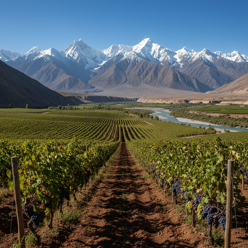 Vinhedos exuberantes nos vales do Himalaia, com montanhas nevadas ao fundo, sob a luz do sol.