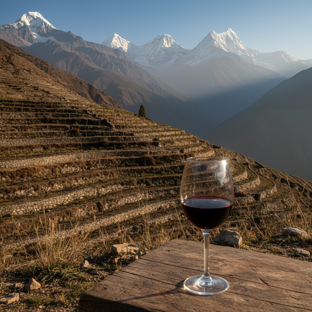 Vinhedo em socalcos nas montanhas do Himalaia no Nepal, com uma taça de vinho tinto em primeiro plano, simbolizando a viticultura de altitude.