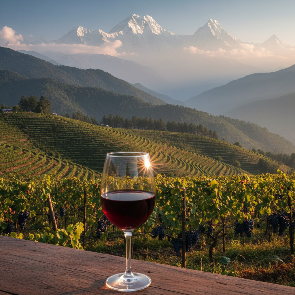 Vinhedo exuberante no Vale de Kathmandu, Nepal, com montanhas do Himalaia ao fundo e uma taça de vinho tinto em primeiro plano, simbolizando a viticultura local.