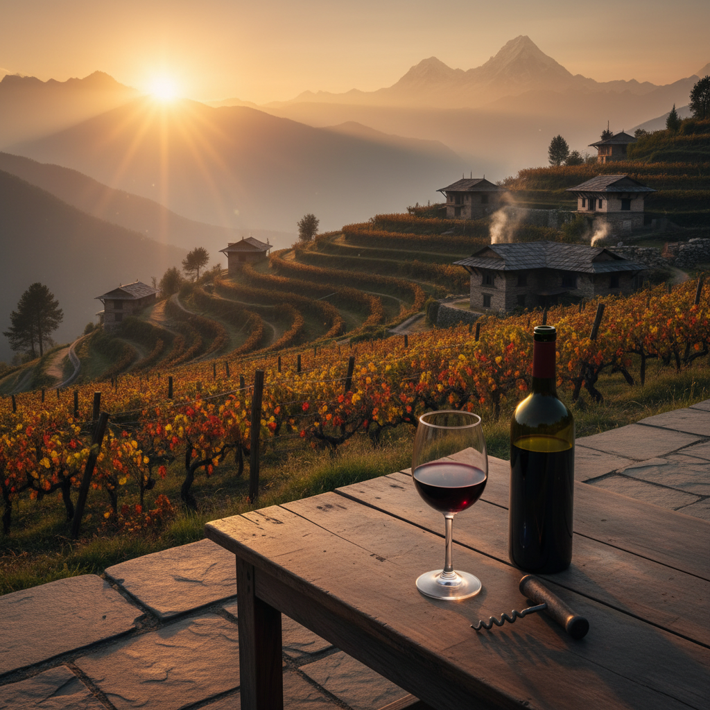 Vinhedo em socalcos nos Himalaias ao pôr do sol, com uma taça de vinho tinto numa mesa de madeira, refletindo a paisagem montanhosa do Nepal.