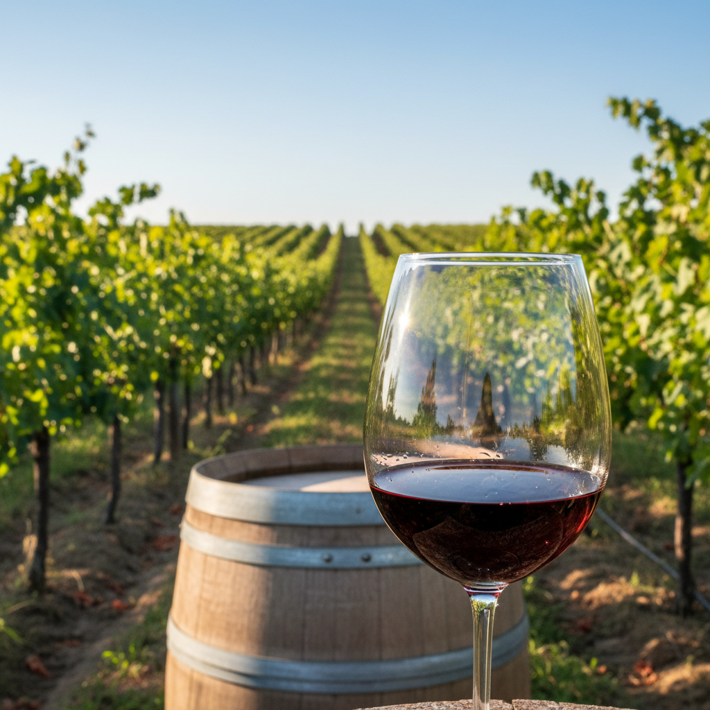 Vinhedo exuberante com taça de vinho tinto e barril de madeira, simbolizando a riqueza e o potencial dos vinhos da Nigéria.