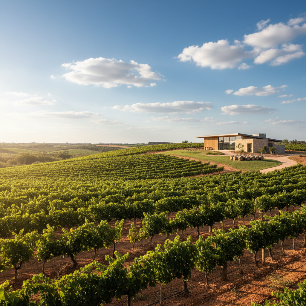 Vinhedo exuberante no Vale do São Francisco, Nordeste do Brasil, com videiras verdes sob o sol tropical e um barril de carvalho ao fundo, simbolizando a produção de vinho na região.