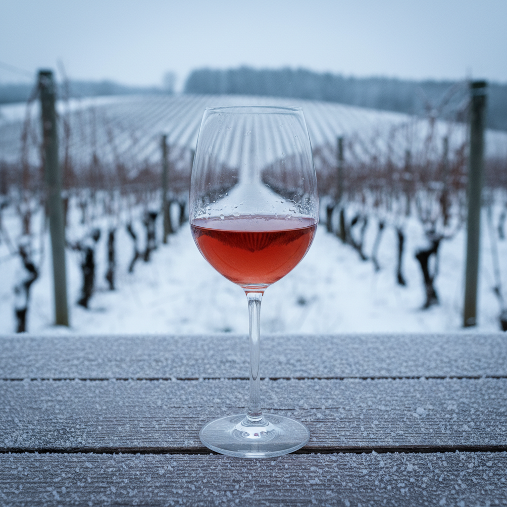 Taça de vinho tinto sobre mesa de madeira gelada, com vinhedo nevado ao fundo, representando a viticultura de clima frio da Europa Nórdica.