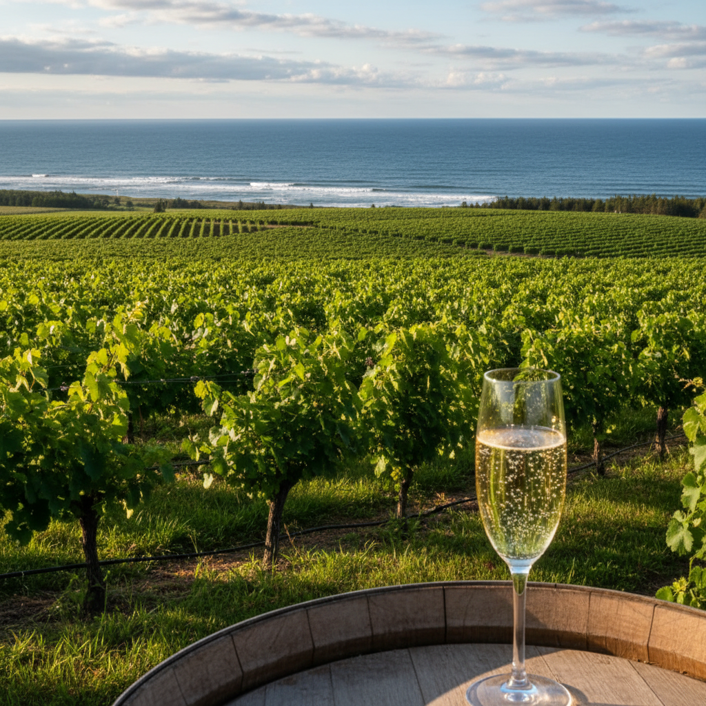 Vinhedo exuberante na Nova Escócia com vista para o Oceano Atlântico, com uma taça de vinho espumante em um barril de madeira rústico no primeiro plano.