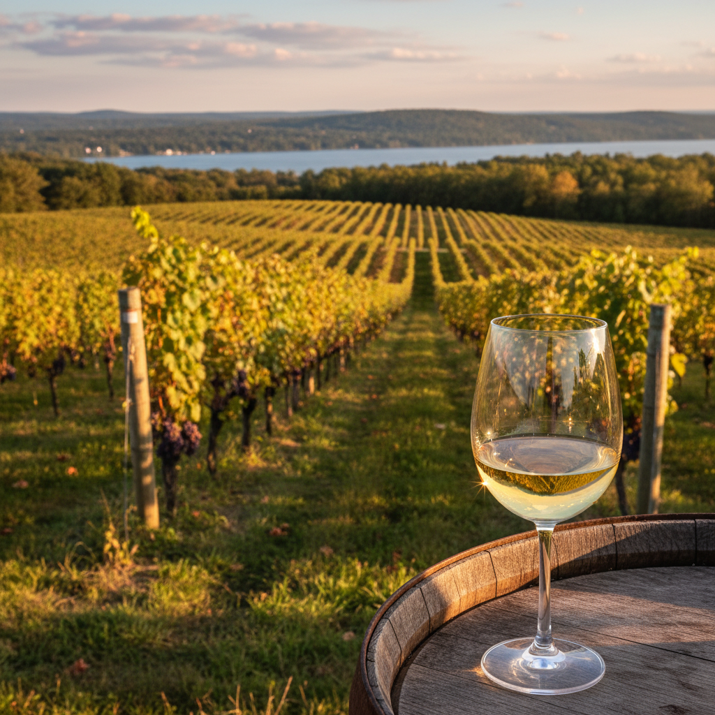 Vinhedo ensolarado na região de Finger Lakes, Nova York, com um copo de vinho em primeiro plano, simbolizando a riqueza vinícola local.