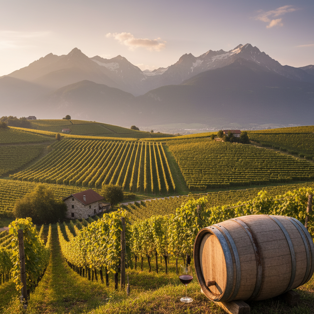 Vinhedo alpino na Áustria ao pôr do sol, com montanhas majestosas e um barril de vinho, simbolizando a viticultura orgânica e biodinâmica sustentável.