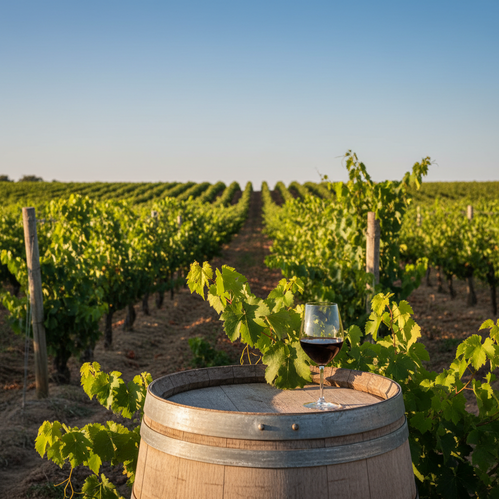 Vinhedo orgânico na Espanha ao pôr do sol, com barril de madeira e taça de vinho tinto, simbolizando a sustentabilidade e a conexão com a natureza.