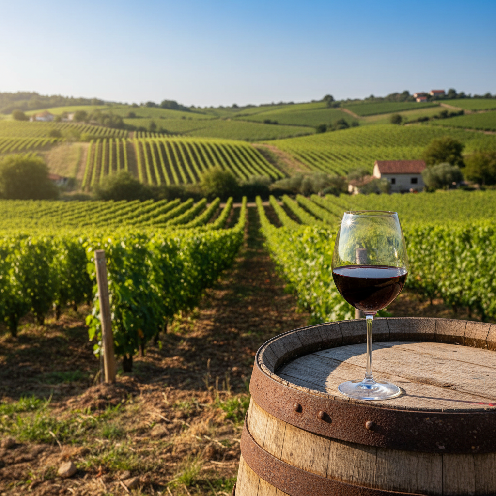 Vinhedo sustentável na Herzegovina, Bósnia e Herzegovina, com um copo de vinho tinto sobre um barril de madeira, simbolizando a produção orgânica e a beleza natural da região.