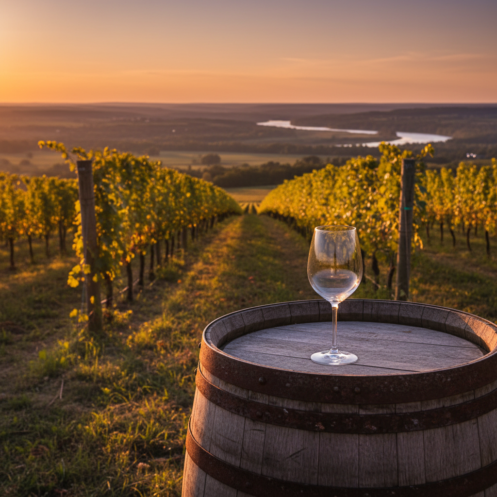Vinhedo canadense ao pôr do sol com um copo de vinho em um barril, simbolizando a viticultura orgânica e sustentável.