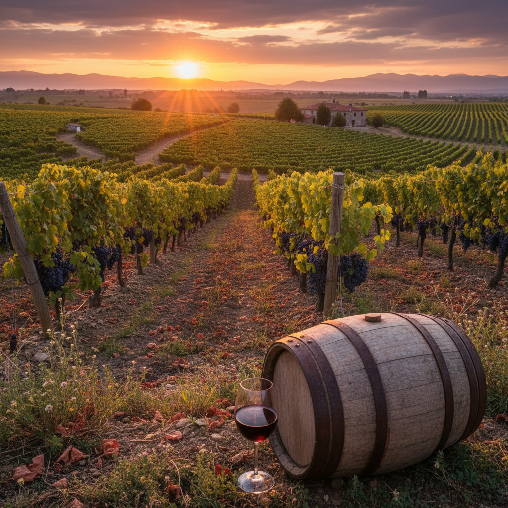 Vinhedo orgânico na Turquia ao pôr do sol, com barril de vinho e taça, simbolizando a produção sustentável.