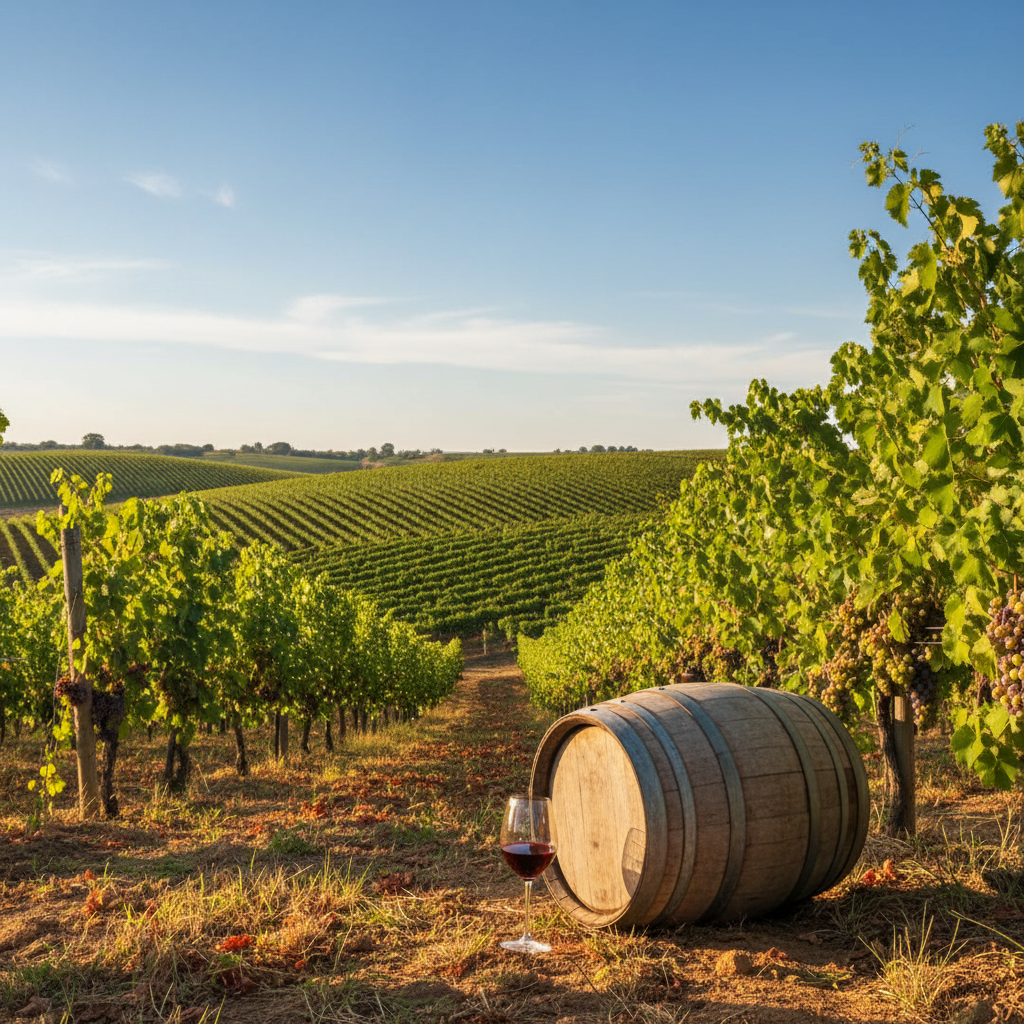 Vinhedo ensolarado no Paraguai com videiras exuberantes em colinas suaves, sob um céu azul claro, com um barril de madeira rústico ou uma taça de vinho em primeiro plano, simbolizando o potencial vinícola.