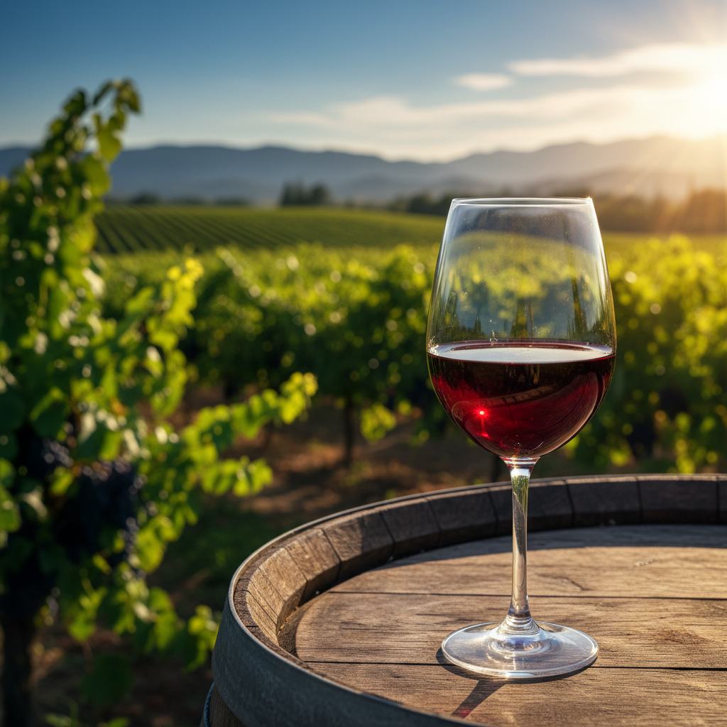 Vinhedo paraguaio exuberante sob o sol, com uma taça de vinho tinto em primeiro plano, simbolizando a emergência da produção vinícola local.