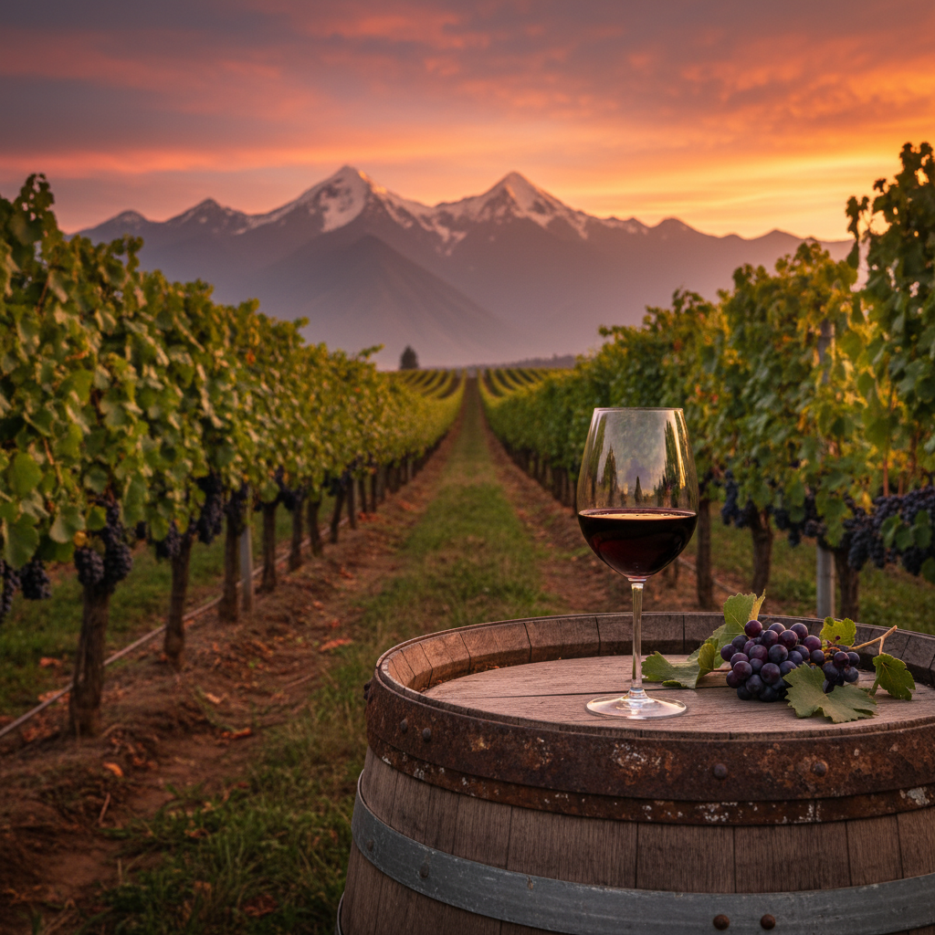 Vinhedo peruano exuberante ao pôr do sol com montanhas dos Andes ao fundo e uma taça de vinho tinto sobre um barril de madeira.