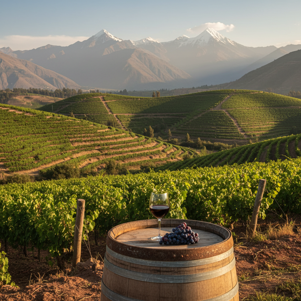 Vista panorâmica de um vinhedo peruano em altitude elevada, com fileiras de videiras verdes e montanhas majestosas ao fundo, sob a luz do sol da tarde. Em primeiro plano, uma taça de vinho tinto repousa sobre um barril de madeira rústico.