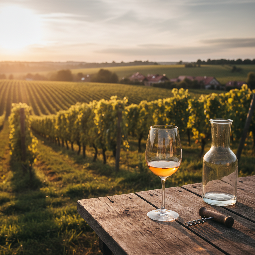 Vinhedo polaco ao pôr do sol com uma taça de vinho em primeiro plano, evocando a degustação de vinhos da Polônia.
