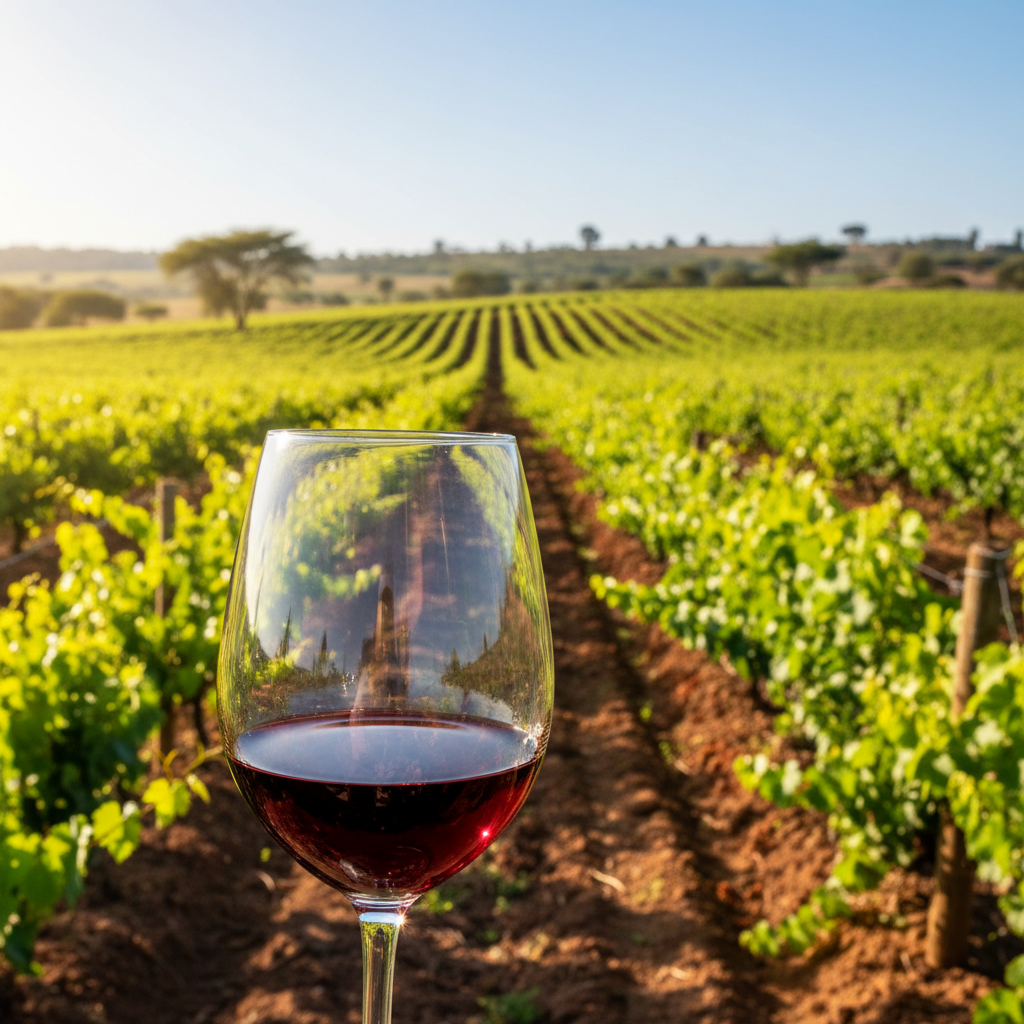 Vinhedo queniano ensolarado com vinhas verdes exuberantes e uma taça de vinho tinto em primeiro plano, refletindo o ambiente. Evoca a beleza natural e o sabor único dos vinhos do Quênia.