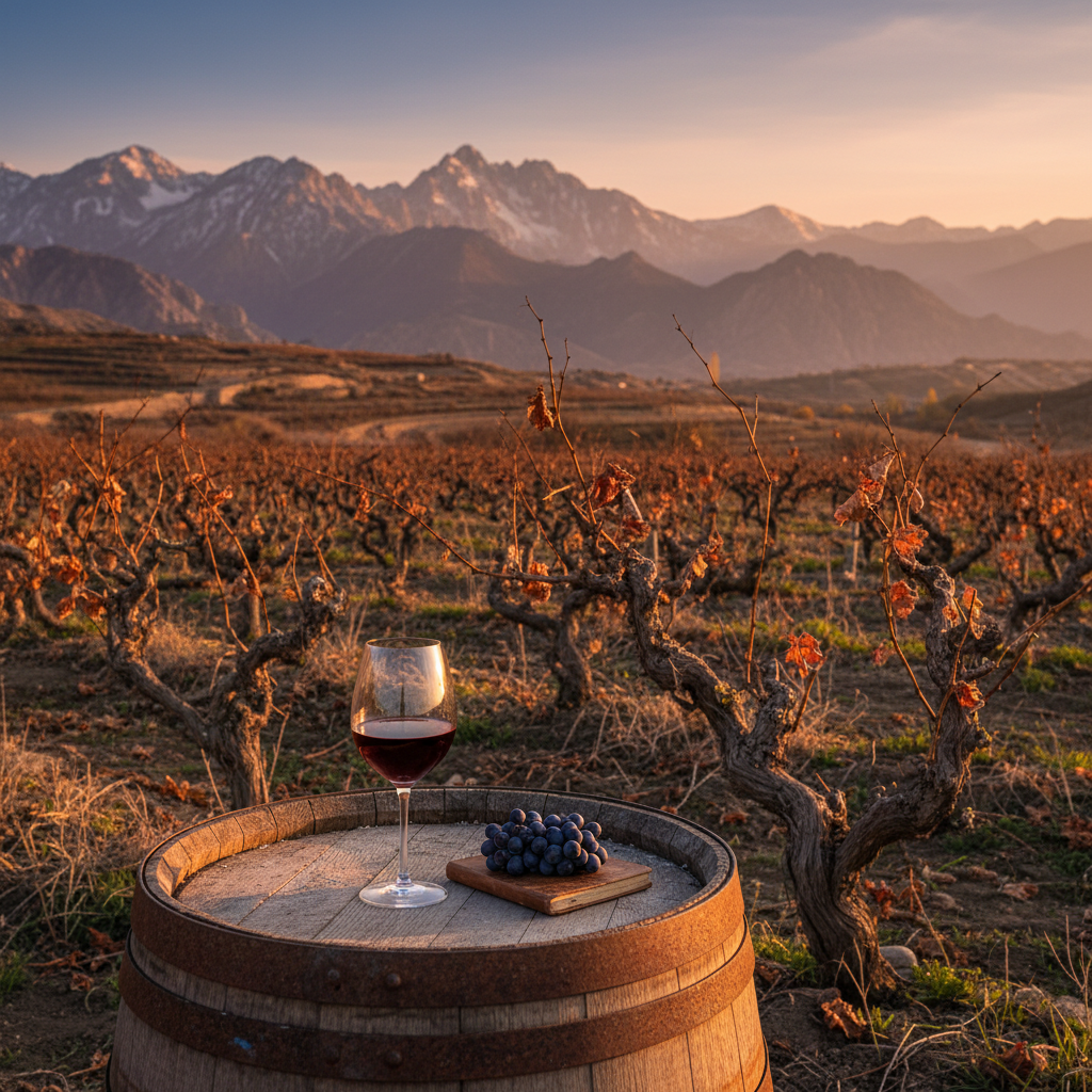 Vinhedo milenar nas montanhas do Tadjiquistão ao pôr do sol, com um barril de madeira e uma taça de vinho tinto, evocando tradição e sabores perdidos.