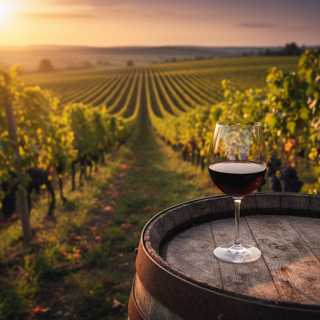 Vinhedo romeno ao pôr do sol com um copo de vinho tinto sobre um barril de madeira, simbolizando a riqueza e o potencial dos vinhos da Romênia.
