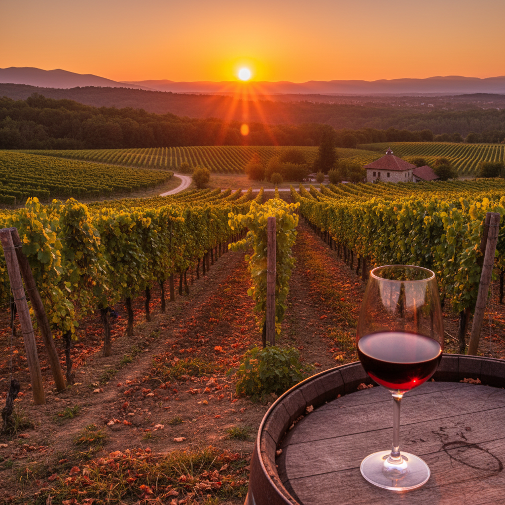 Vinhedo romeno ao pôr do sol com taça de vinho tinto, simbolizando a harmonização entre a terra e a bebida.