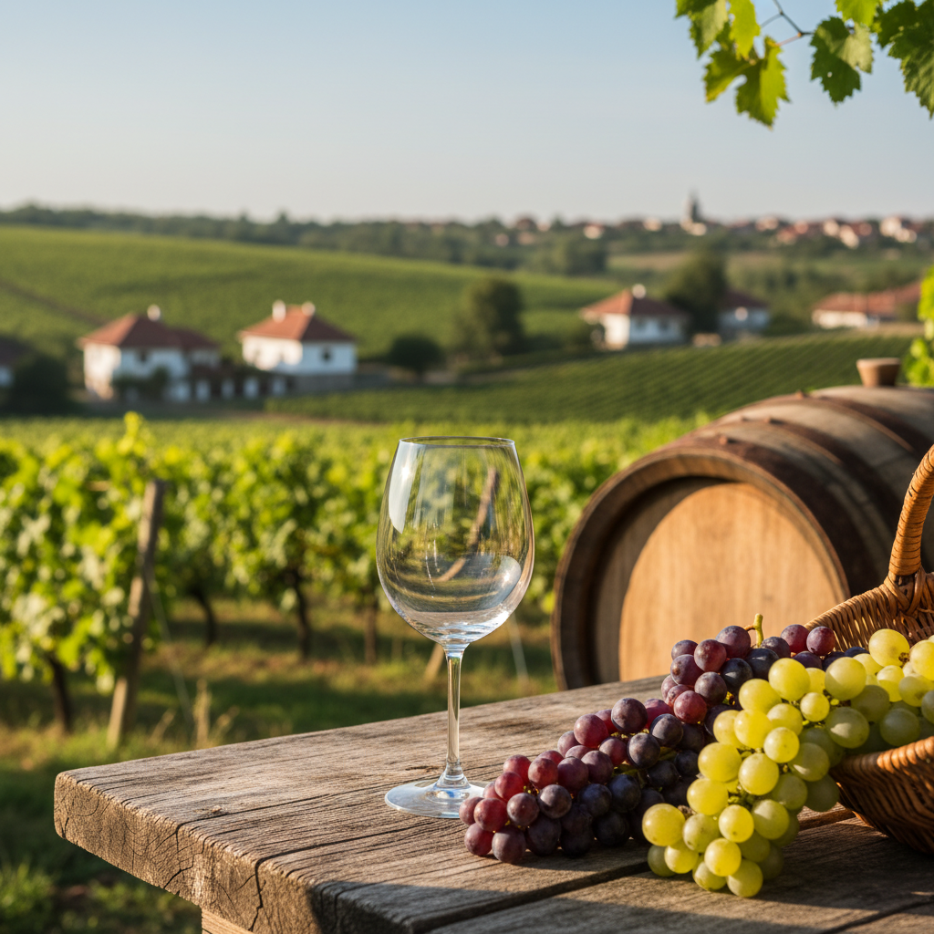 Vinhedo romeno ao pôr do sol com taça de vinho e uvas, simbolizando a riqueza das variedades autóctones.