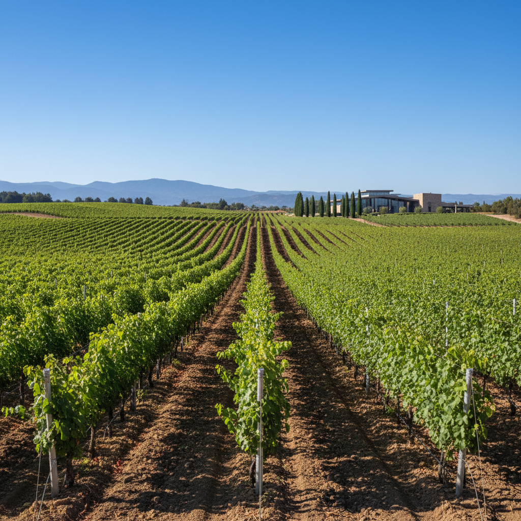 Vinhedo moderno e bem cuidado na Rússia, com videiras carregadas de uvas sob um céu azul, destacando a paisagem vinícola russa.
