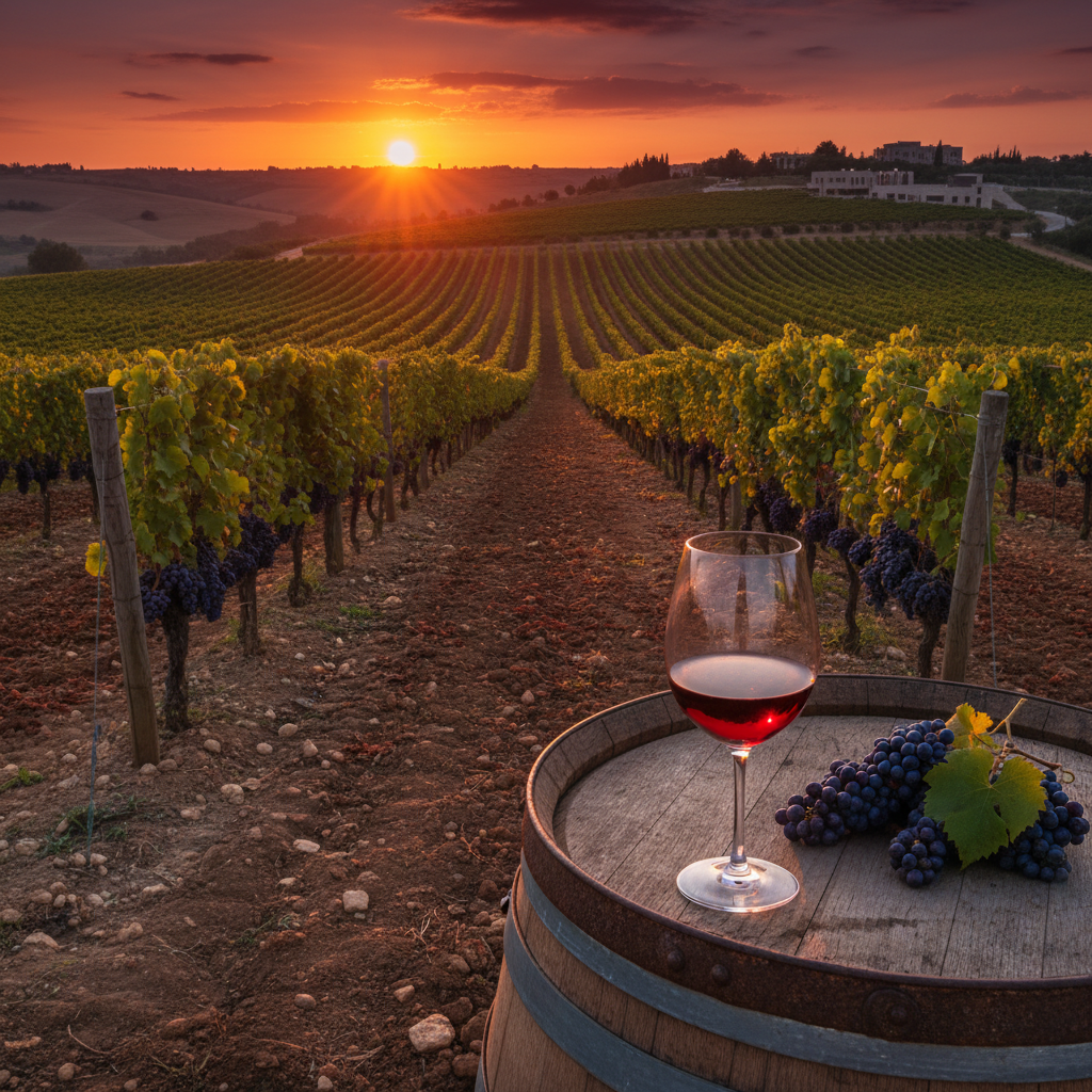 Vinhedo ao pôr do sol na região de Samson ou Shomron, Israel, com uma taça de vinho tinto e um barril de carvalho em primeiro plano, simbolizando a tradição e inovação vinícola.
