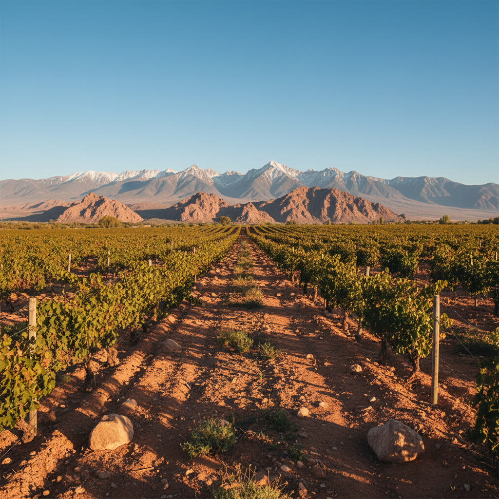 Vinhedos ensolarados em San Juan ou La Rioja, Argentina, com montanhas áridas ao fundo, destacando o terroir único da região.