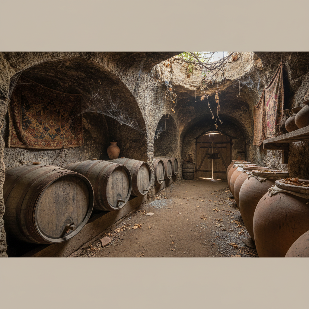 Adegas rústicas e secretas no Irã, com barris de vinho de madeira e ânforas de barro, iluminadas por luz natural, simbolizando a produção clandestina de vinho artesanal.