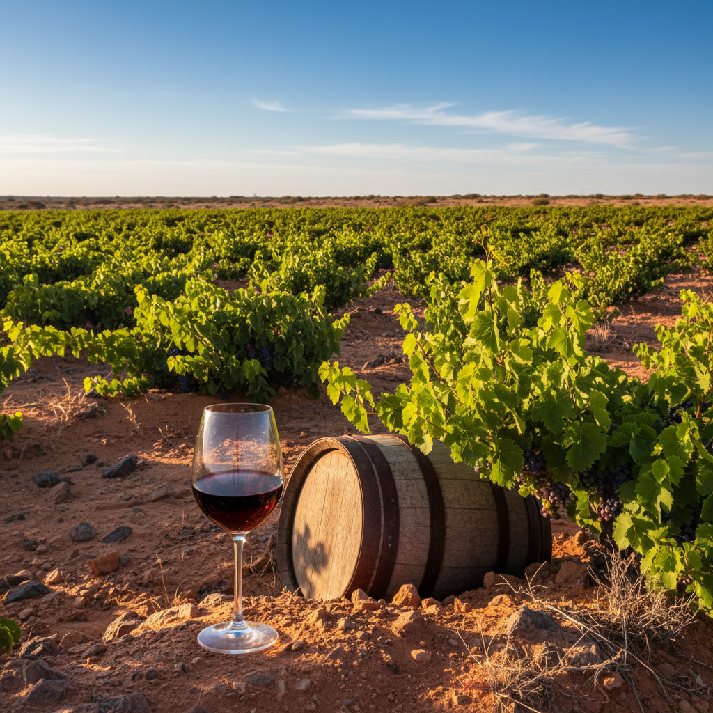 Vinhedo verde exuberante em um cenário desértico no Senegal, com uma taça de vinho tinto e um barril de madeira, sob o sol africano.