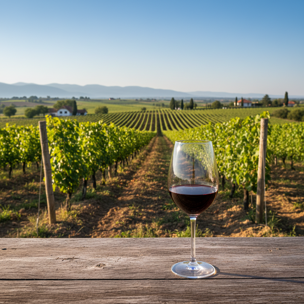 Paisagem de vinhedo sérvio ensolarado com taça de vinho tinto em mesa de madeira, refletindo a tranquilidade da região.