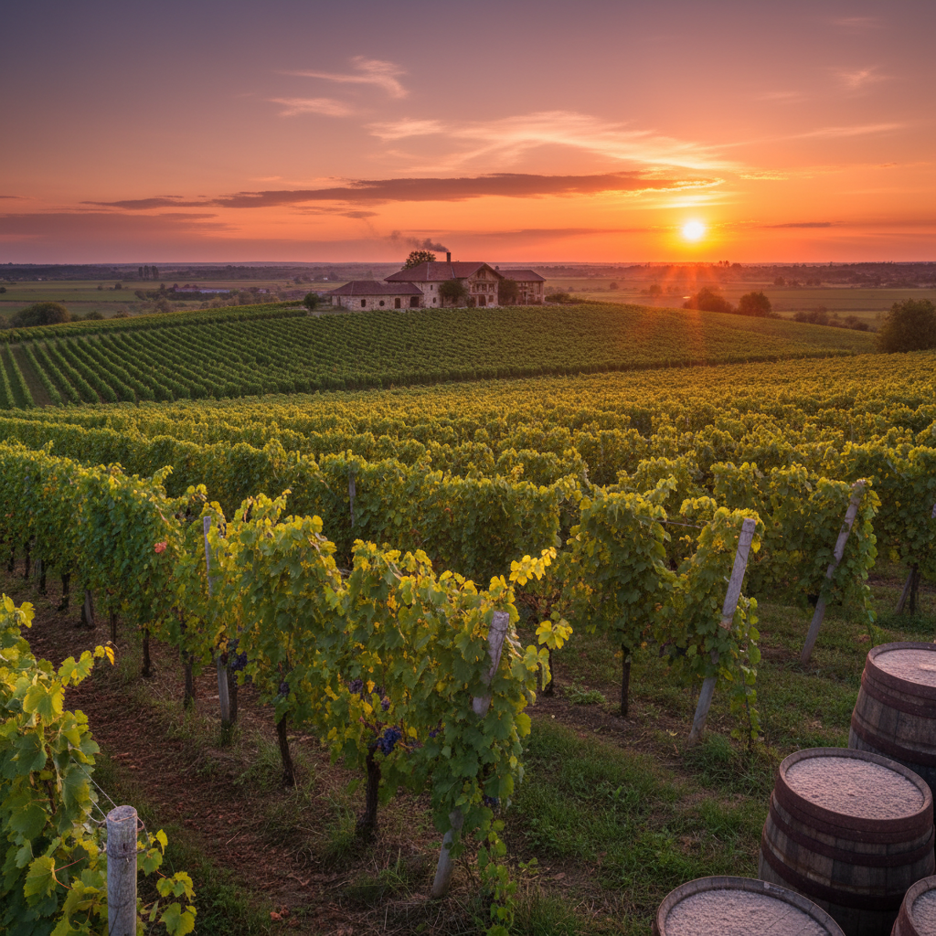 Vinhedo sérvio exuberante ao pôr do sol, com colinas onduladas e uma adega tradicional ao fundo, transmitindo a serenidade da região vinícola.