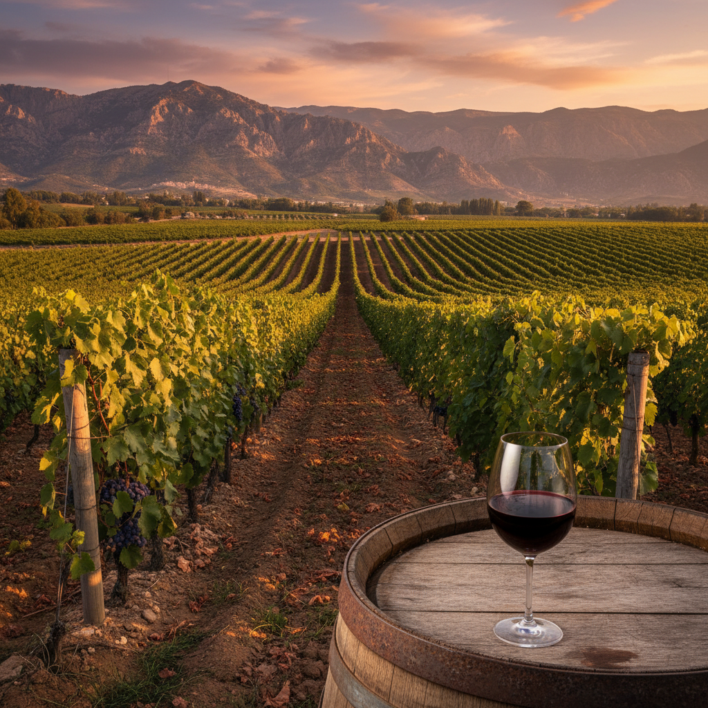 Vinhedo sírio ao pôr do sol com parreiras exuberantes, um copo de vinho tinto sobre um barril de madeira, simbolizando a rica história e o futuro da viticultura na Síria.