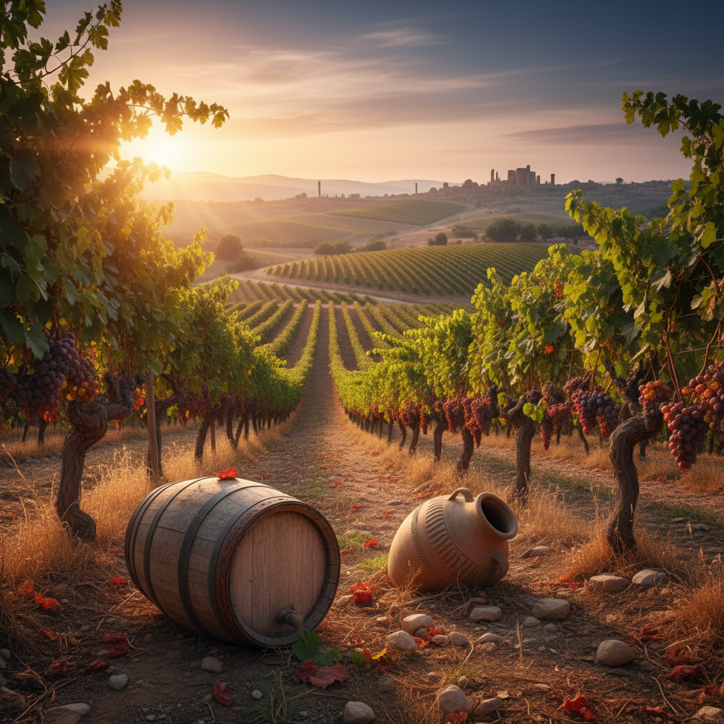 Vista panorâmica de um vinhedo sírio histórico sob a luz dourada do fim de tarde, com videiras antigas, colinas suaves e um barril de madeira tradicional em primeiro plano, evocando a rica herança vinícola da Síria.