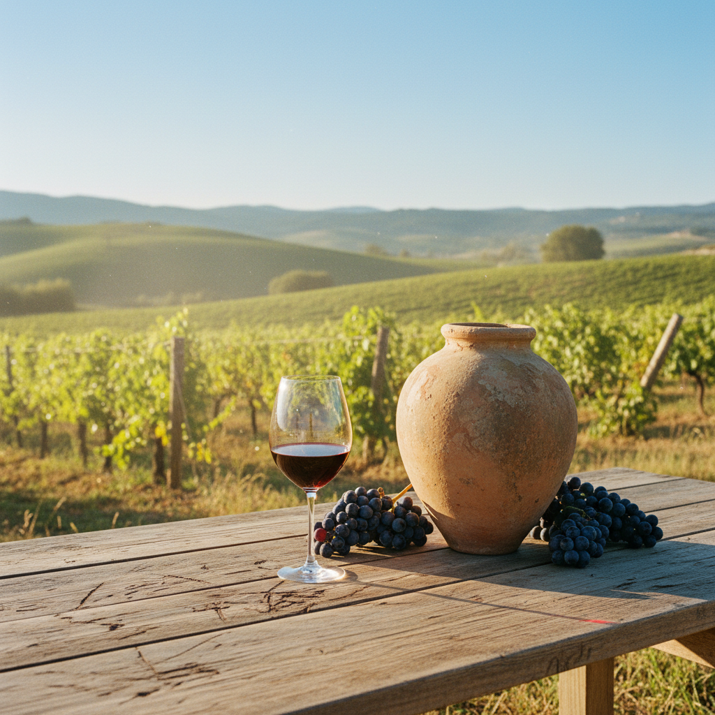 Vinhedo ensolarado com taça de vinho tinto e ânfora antiga, simbolizando a tradição vinícola síria.
