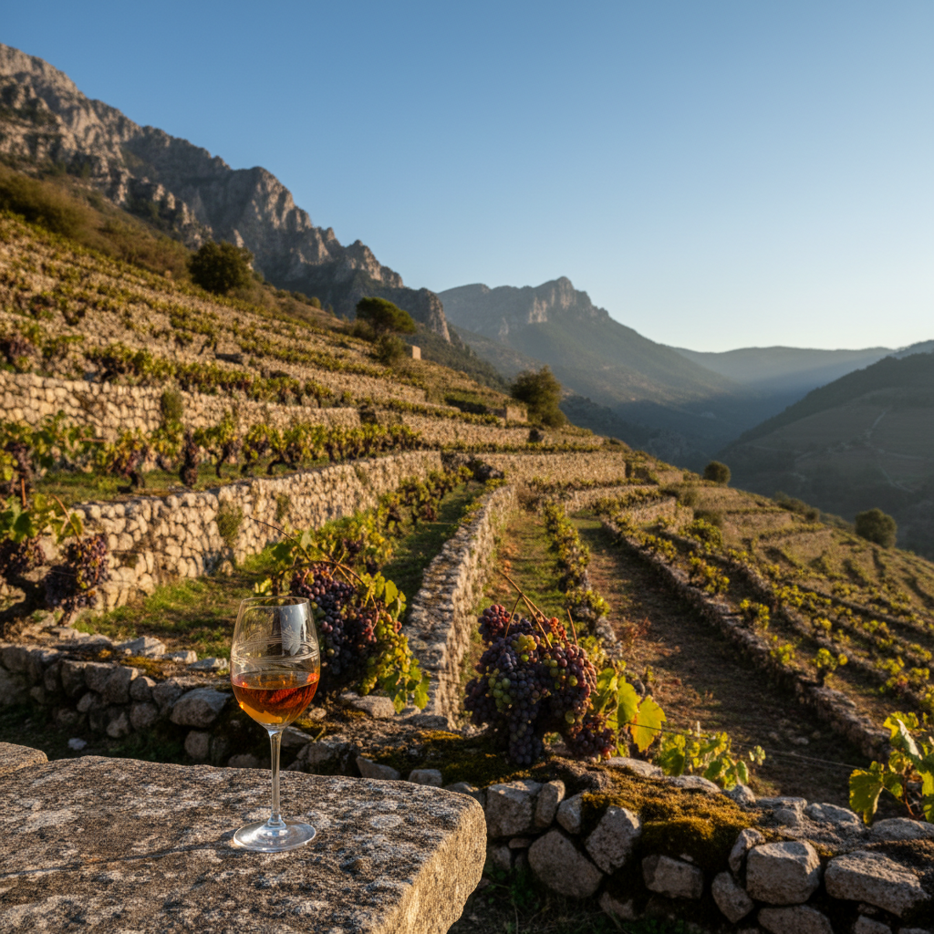 Vinhedo histórico sírio ao sol, com uma taça de vinho em mesa de pedra, simbolizando a tradição vinícola milenar.
