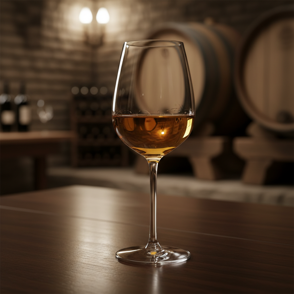 Taça elegante de vinho de sobremesa com líquido dourado, sobre superfície de madeira em ambiente de adega com barris de carvalho.