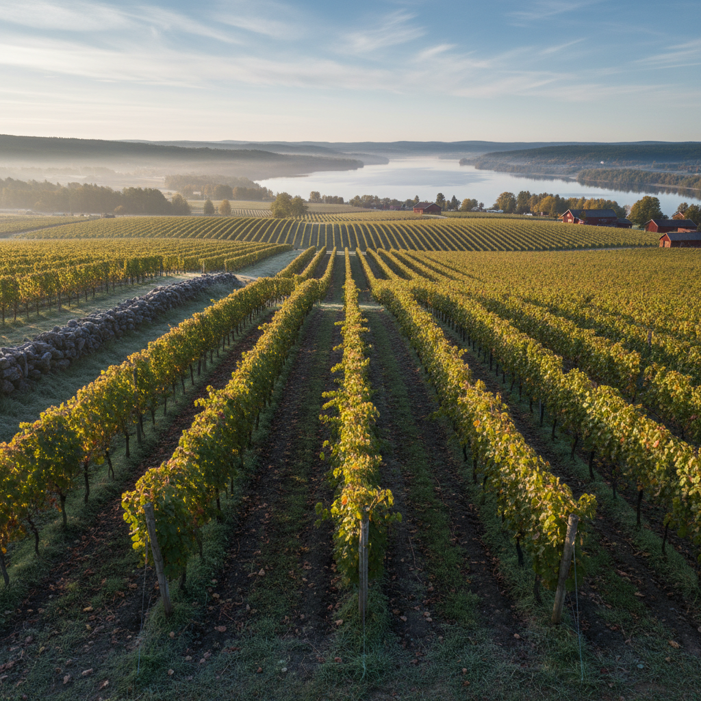 Vinhedo sueco com vinhas resistentes ao frio, mostrando a beleza e o desafio da viticultura em um clima nórdico.