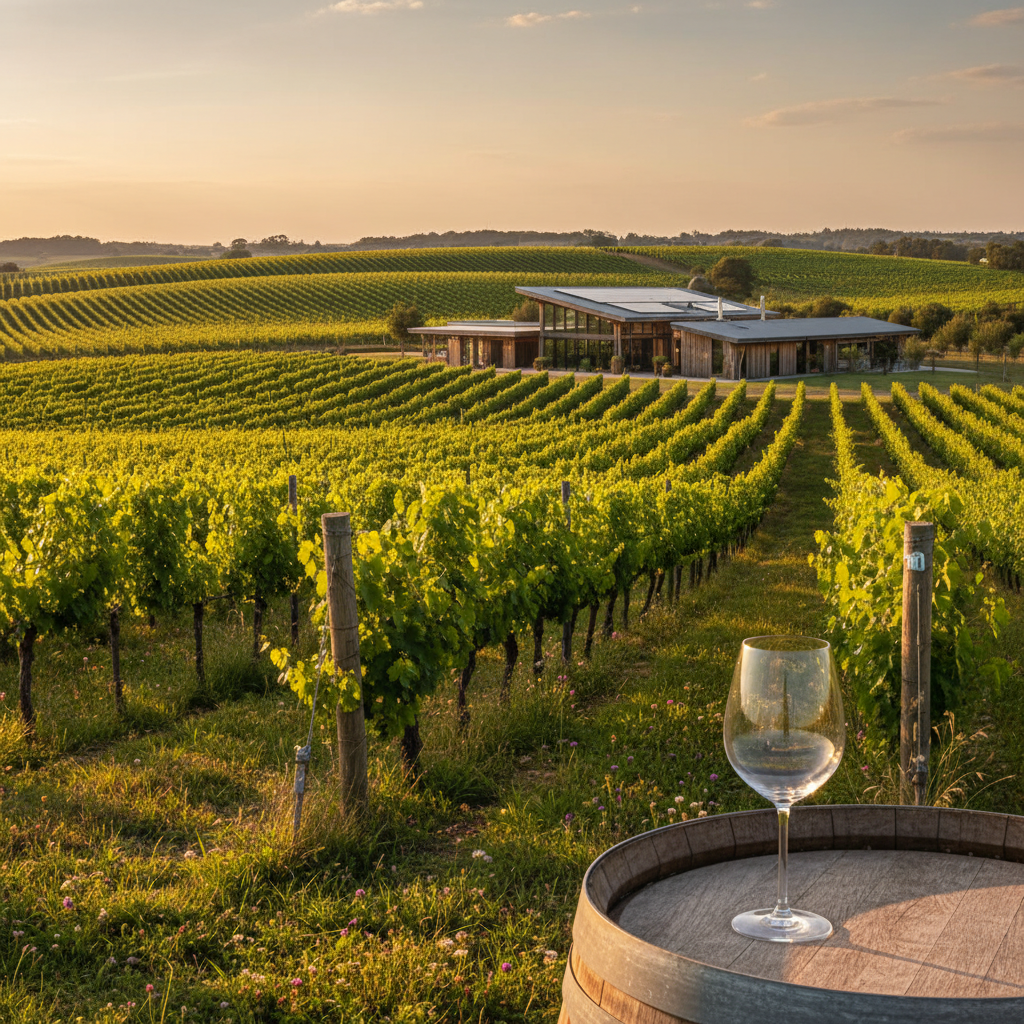 Vinhedo sustentável australiano durante o pôr do sol, com videiras verdes exuberantes e um copo de vinho refletindo a luz em um barril de madeira, simbolizando a produção consciente.