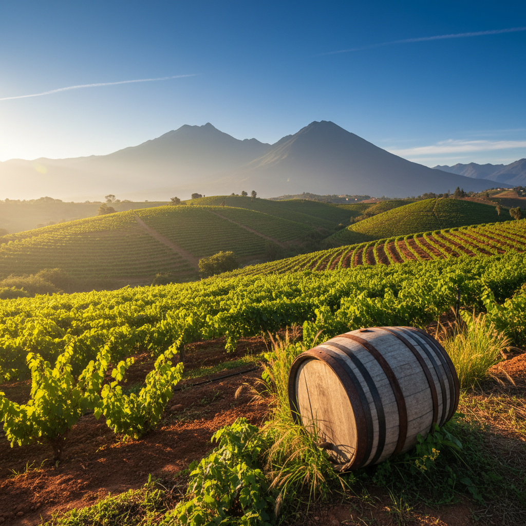 Vinhedo sustentável nos Andes equatorianos com barril de madeira, simbolizando a produção ecológica de vinhos.