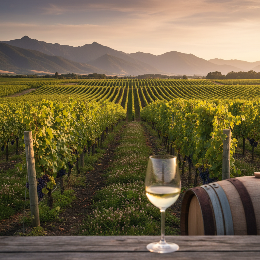Vinhedo sustentável na Nova Zelândia ao pôr do sol, com fileiras de videiras exuberantes e um copo de vinho refletindo a paisagem.