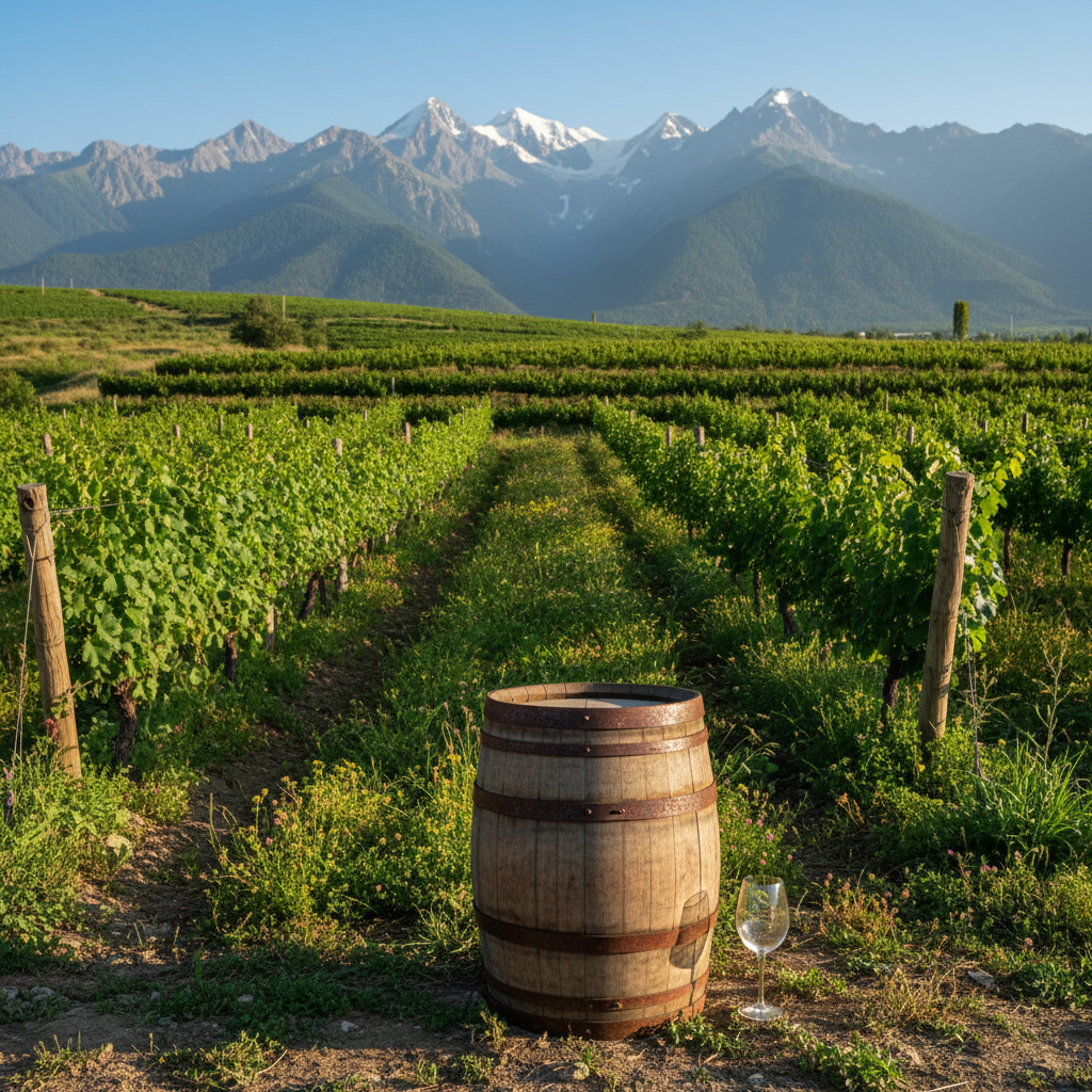 Vinhedo sustentável no Quirguistão com práticas ecológicas, montanhas nevadas ao fundo e uma taça de vinho em um barril.