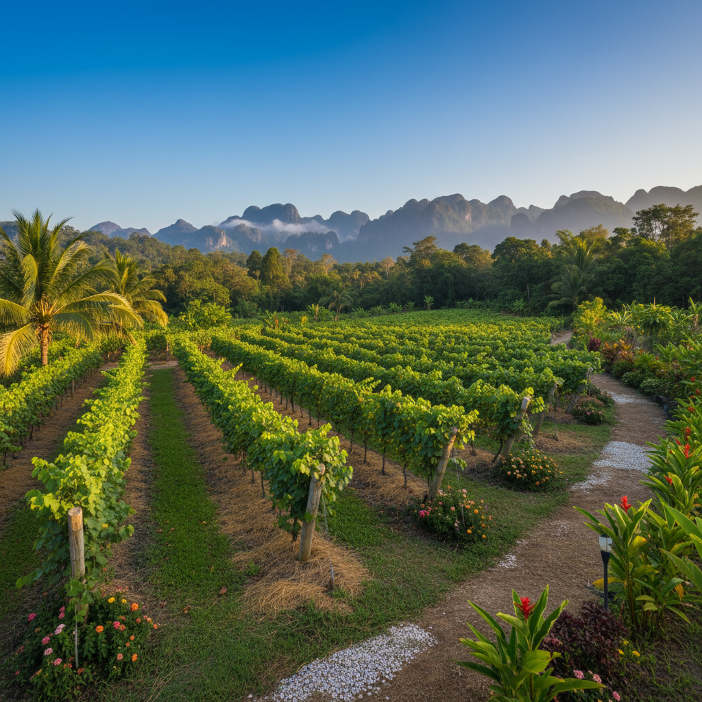 Vinhedo sustentável exuberante na Tailândia, com videiras verdes vibrantes e uma paisagem tropical montanhosa ao fundo sob o sol.