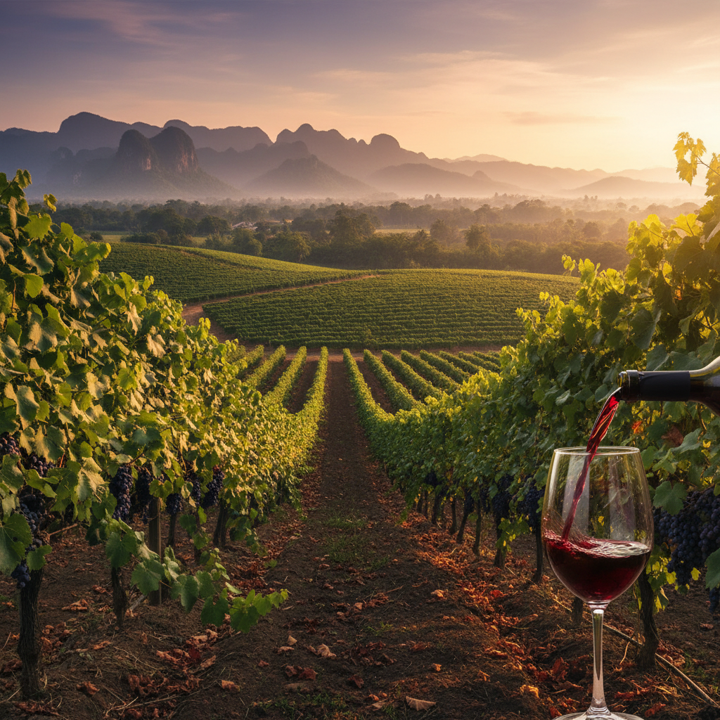 Vinhedo tropical exuberante em Khao Yai, Tailândia, ao pôr do sol, com uma taça de vinho em primeiro plano.