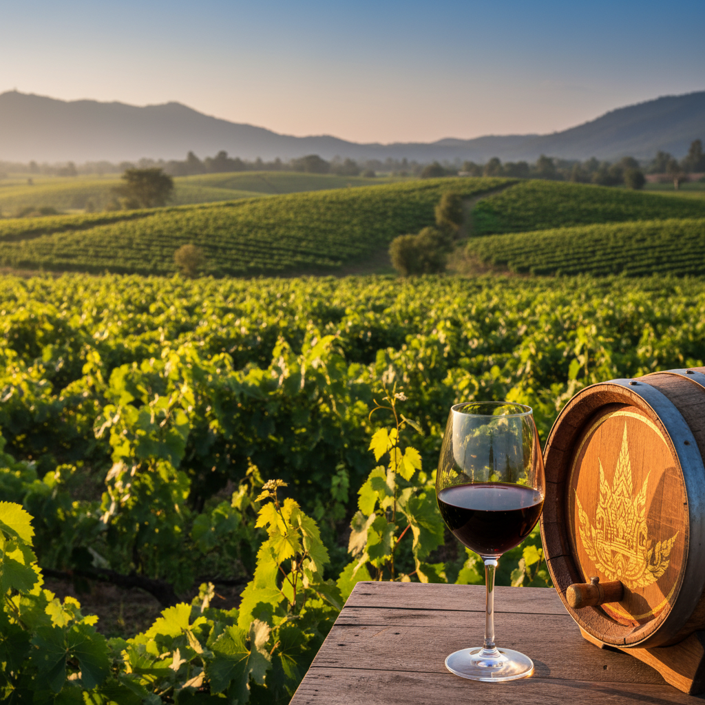 Vinhedo exuberante na Tailândia sob o sol poente, com uma taça de vinho tinto em primeiro plano, simbolizando a riqueza vinícola local.